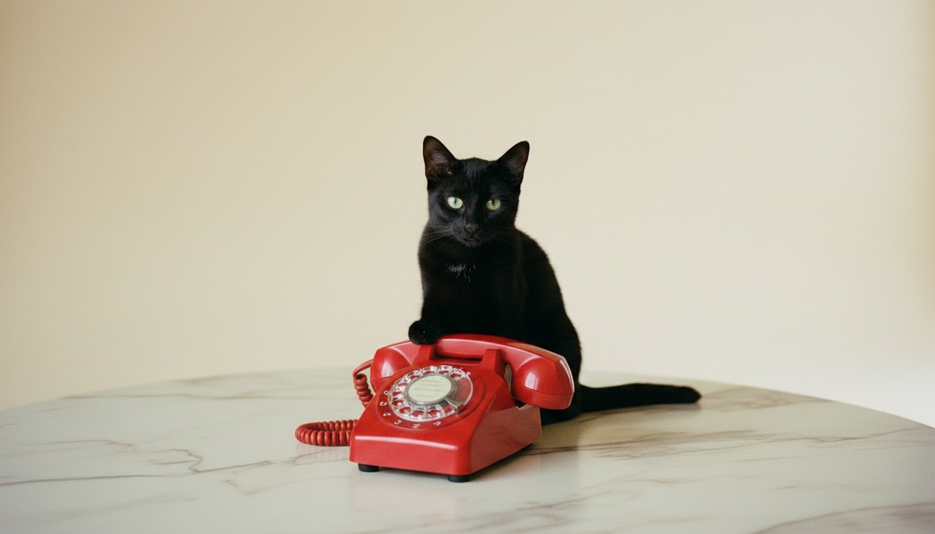 Black cat sitting on a marble table with its paw on a red rotary telephone