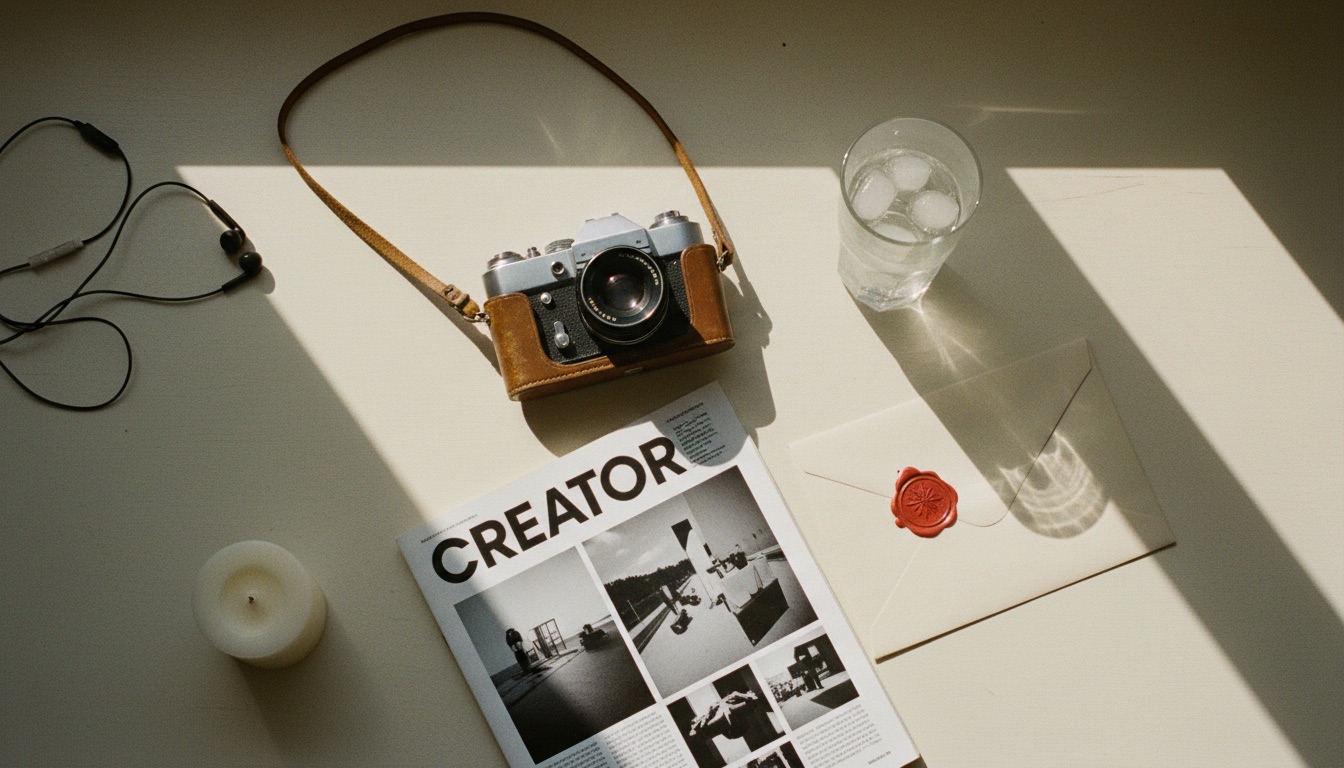 Sunlit flat lay on a cream desk: vintage camera with leather strap, glass of iced water, CREATOR magazine, envelope with a red wax seal, and a candle