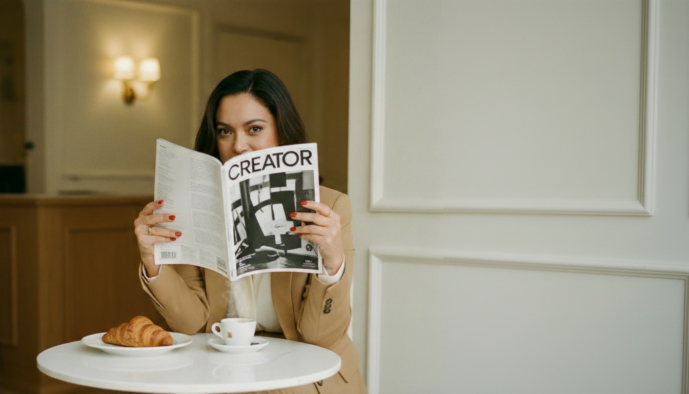 Marielou at a café table in a camel blazer, peeking over a CREATOR magazine, croissant and espresso in front of her