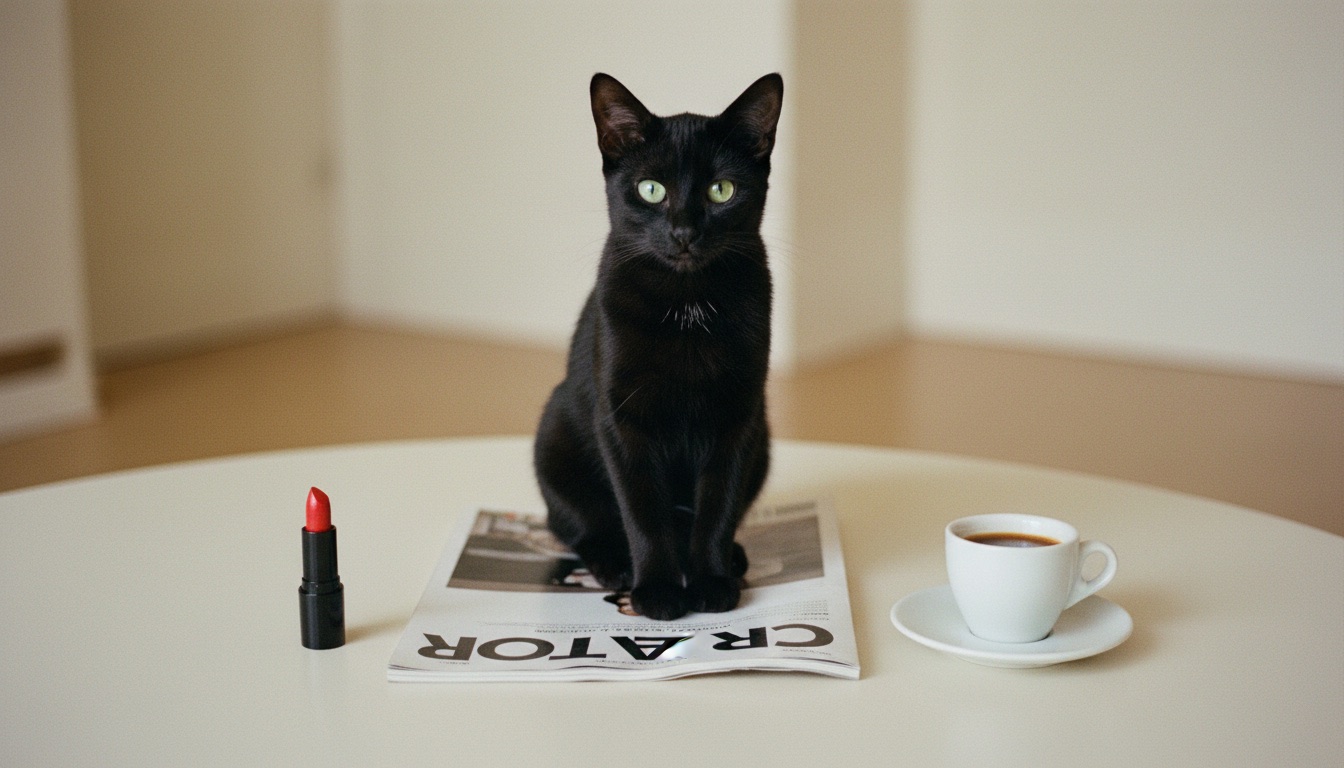 Black cat sitting on a CREATOR magazine on a cream table, red lipstick and an espresso beside it