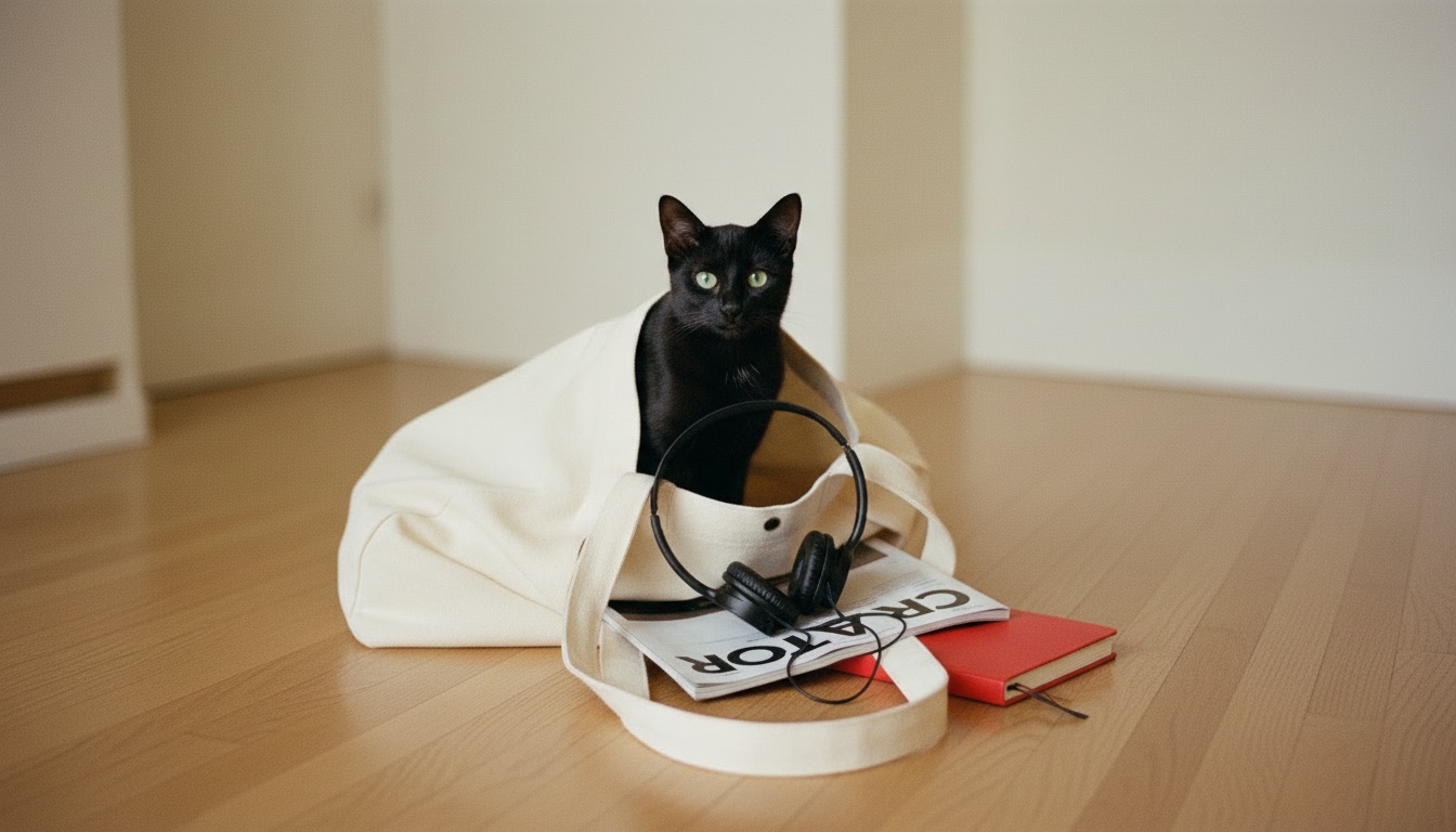 Black cat sitting inside an open canvas tote bag on a wood floor, headphones, a CREATOR magazine, and a red notebook spilling out