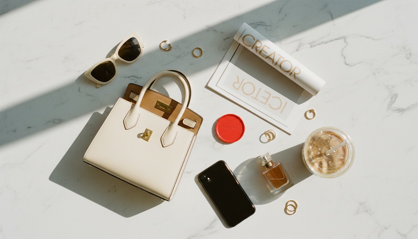 Flat lay on marble: cream handbag, sunglasses, phone, perfume, gold rings, a red accent, and a rolled CREATOR magazine